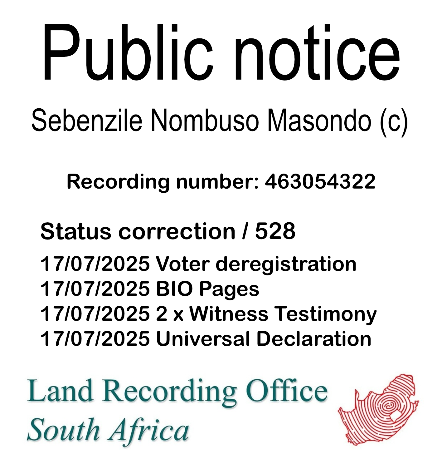 Public notice Sebenzile Nombuso Masondo (c) Recording number 463054322